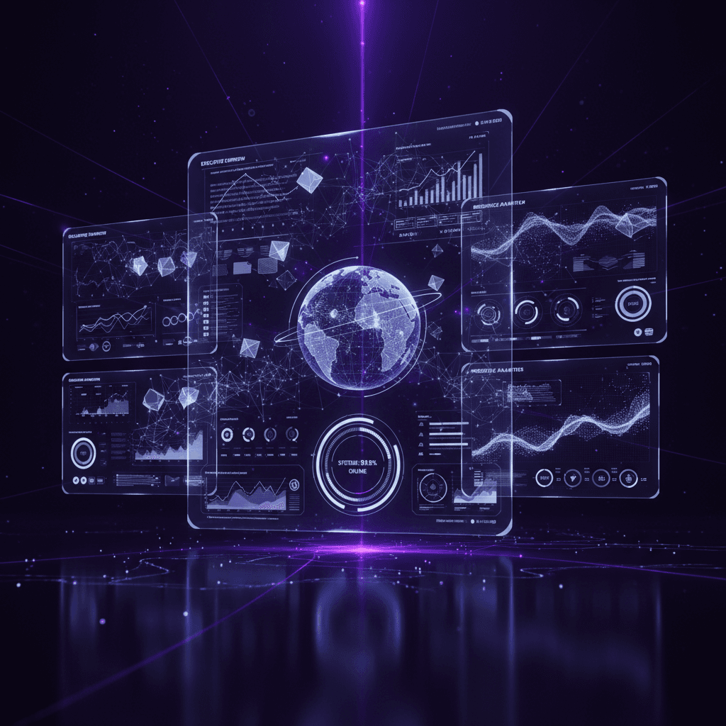 AI command center dashboard showing executive analytics with cyan and violet holographic displays