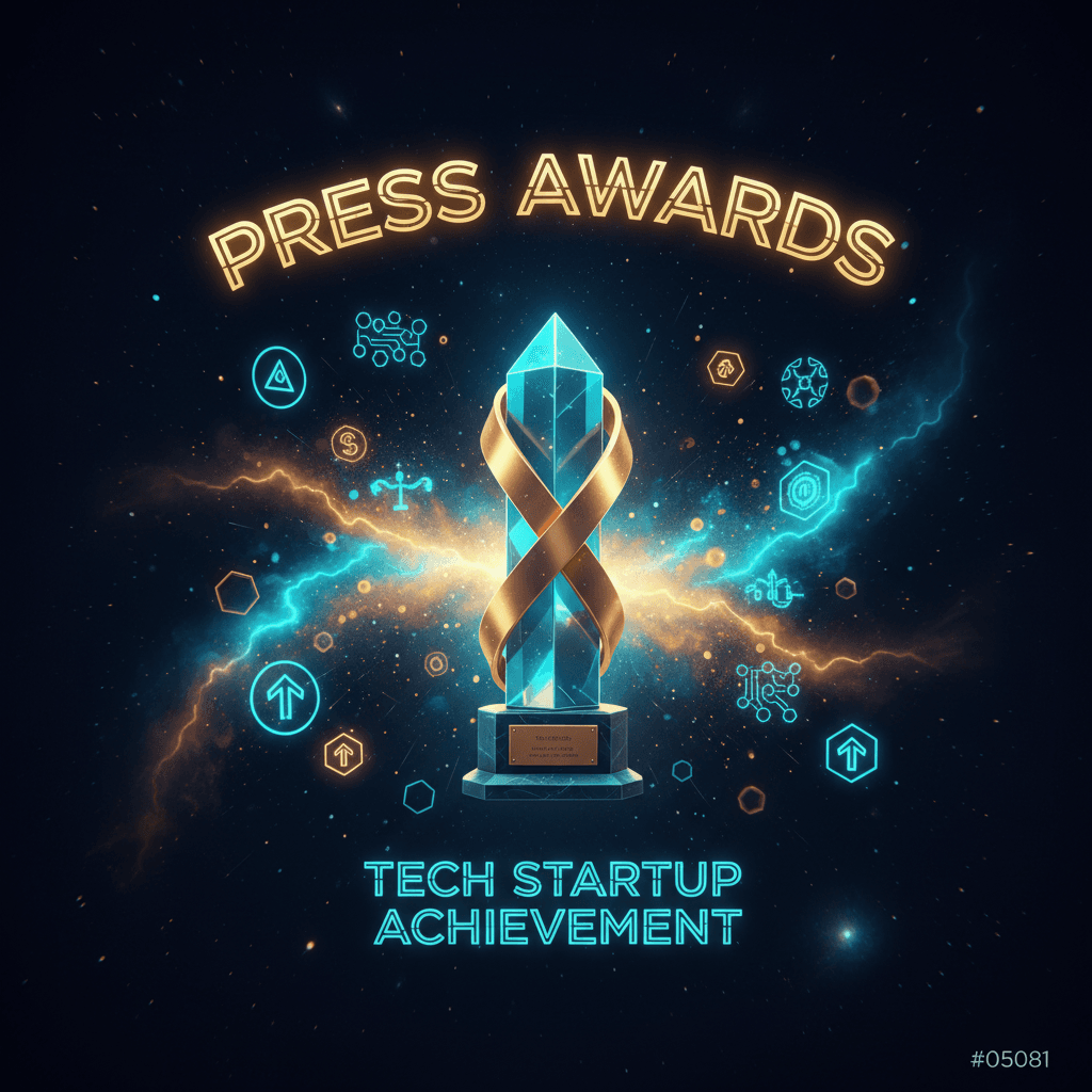 Award trophy and recognition symbols with cyan and gold light effects representing tech startup achievements