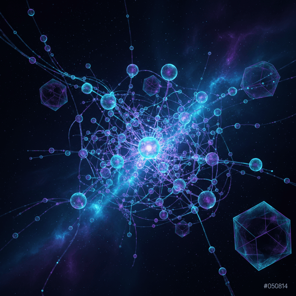 Abstract AI neural network visualization with glowing cyan and violet nodes representing the AI decision engine