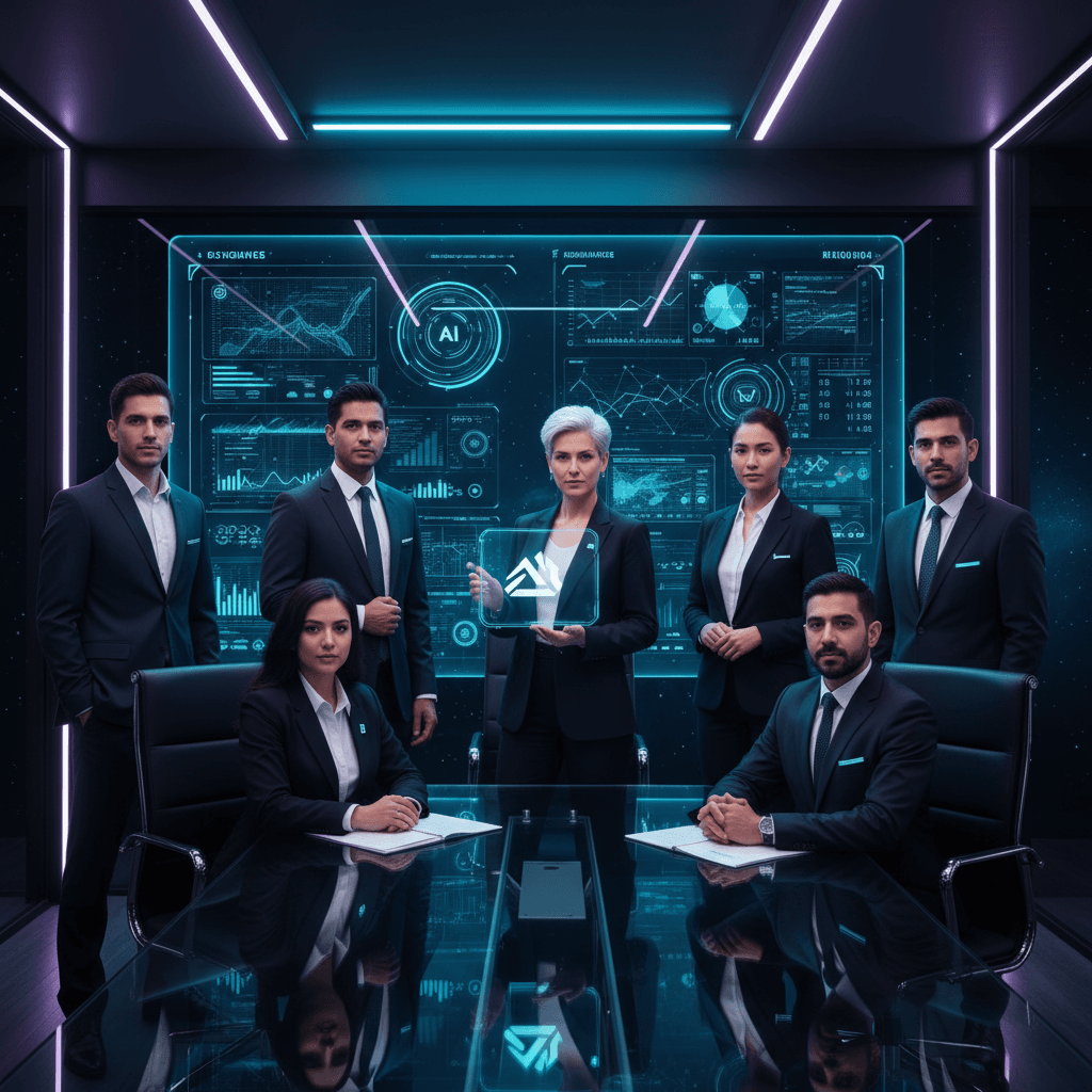 myAI-founder team of diverse founders and executives in a futuristic office with holographic AI dashboards