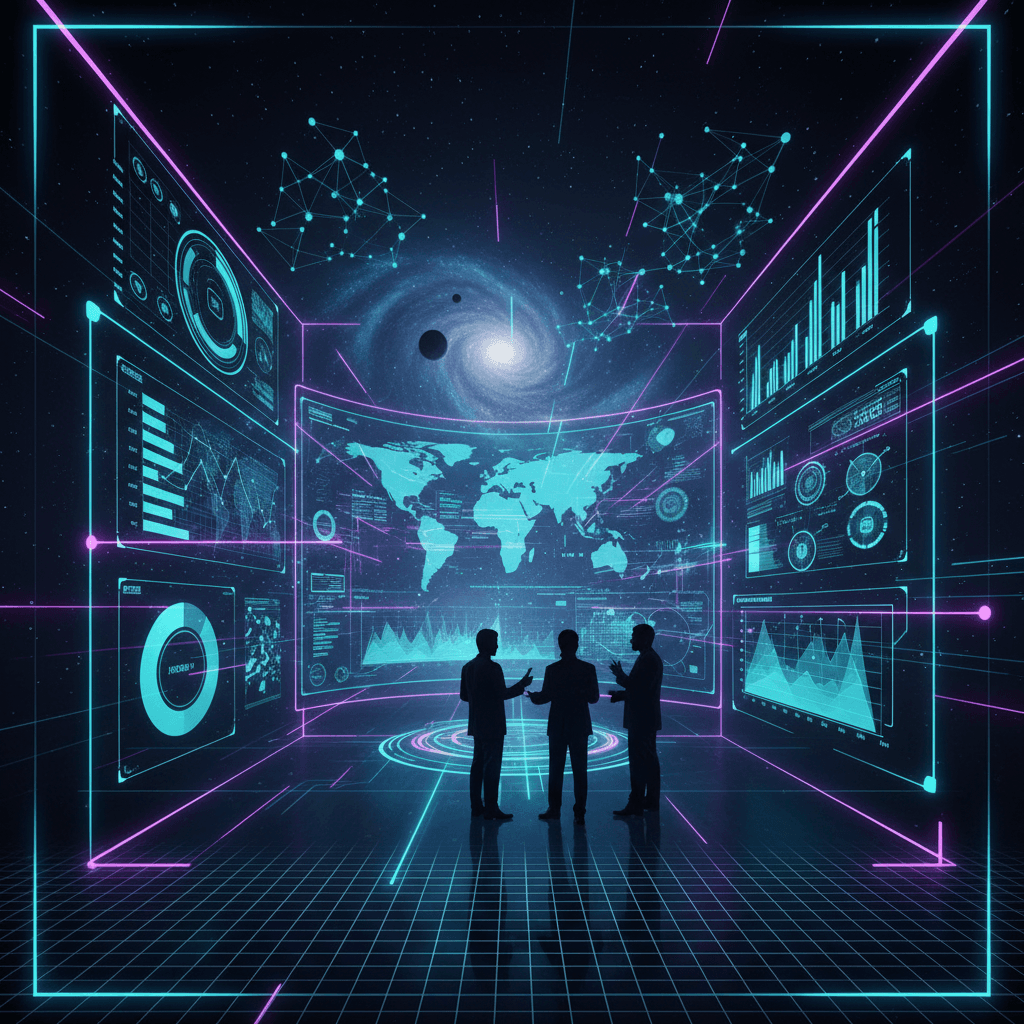 AI-powered business intelligence dashboard with glowing charts and executive team reviewing holographic reports