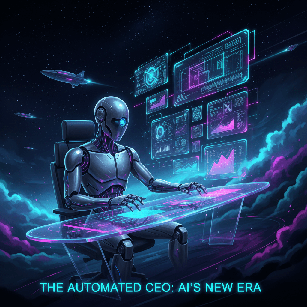 Futuristic AI founder automation concept with glowing robotic executive at holographic desk with floating data charts