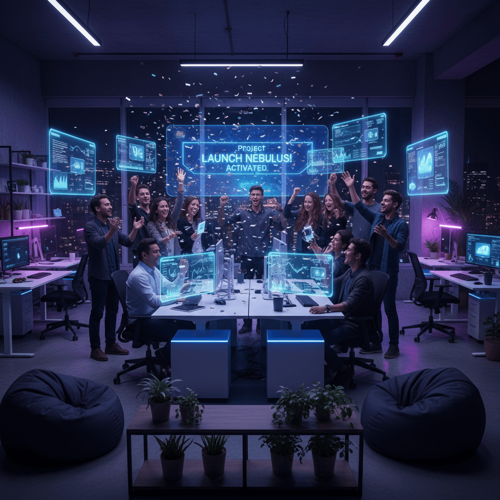 Tech startup team celebrating a product launch in a modern dark office with neon accent lighting and holographic screens