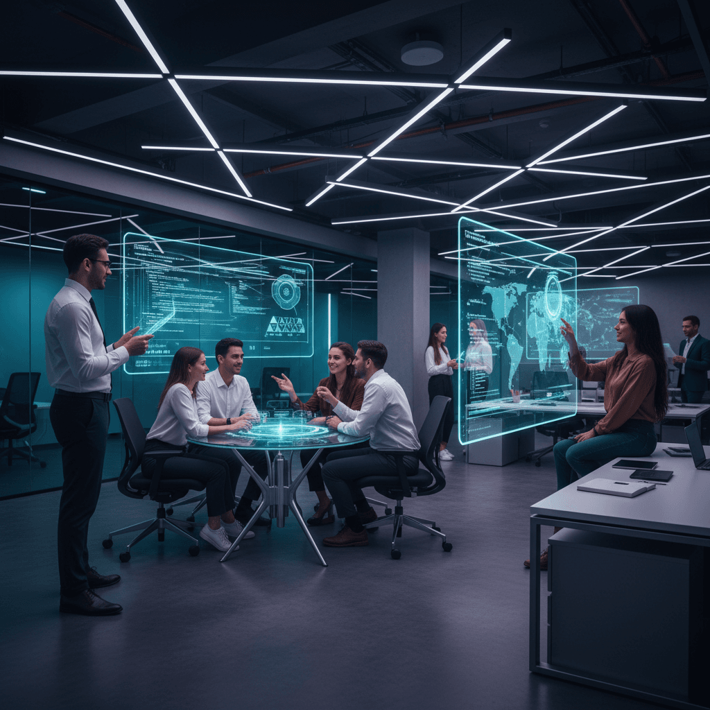 Diverse team of young professionals collaborating in a futuristic open office with neon cyan and purple lighting