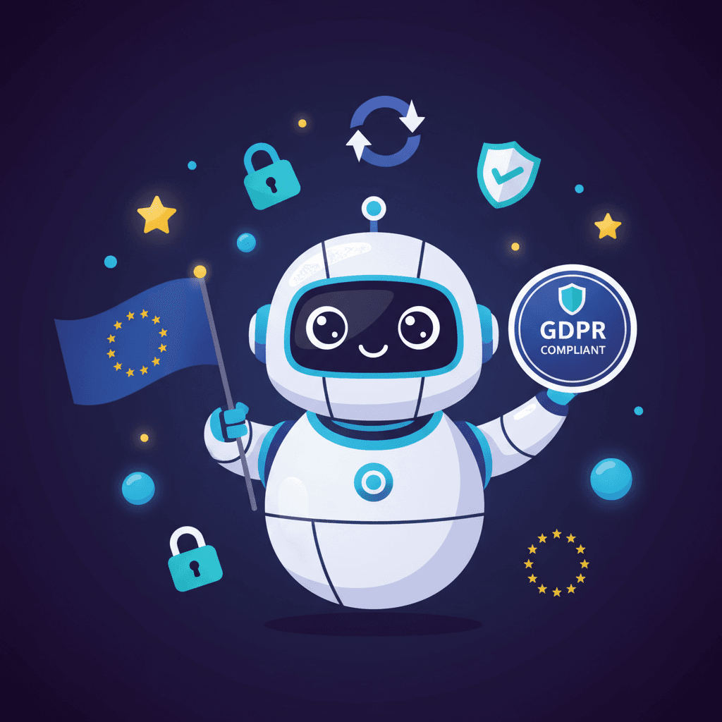 Robot holding EU flag and GDPR compliance badge surrounded by data protection icons