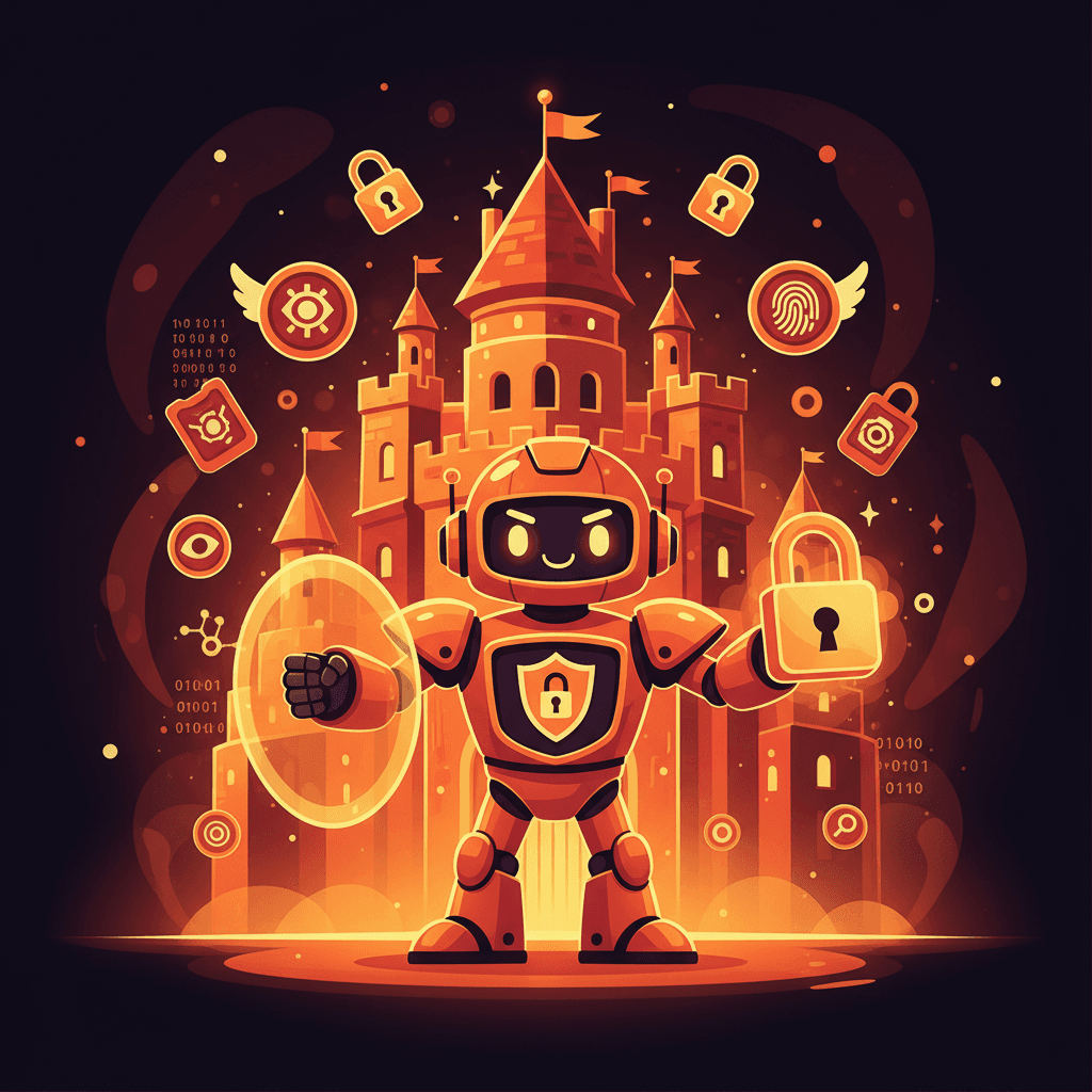 Robot security guard standing in front of a glowing fortress with shield and lock icons