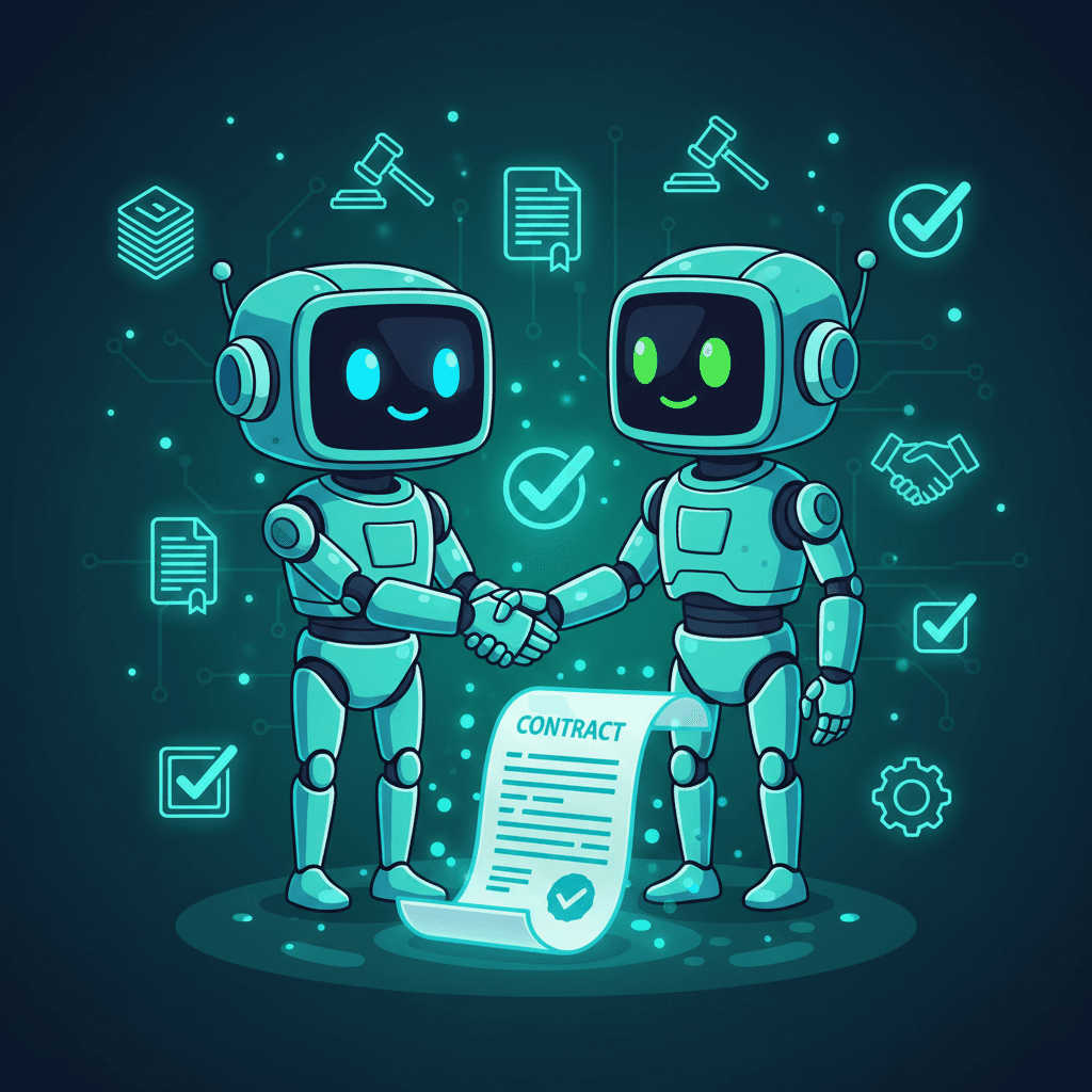 Two AI robots shaking hands over a glowing contract representing terms agreement