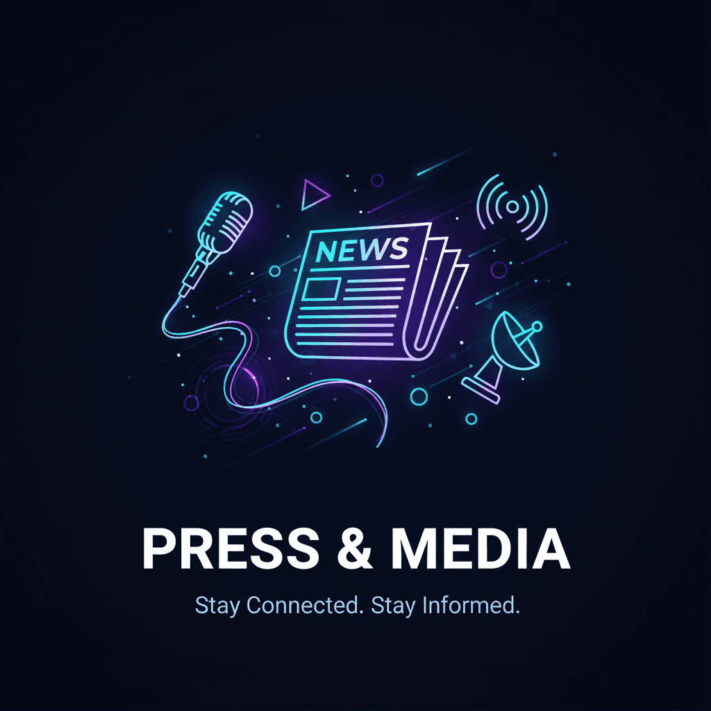 Tech startup press and media page with glowing newspaper and media icons floating in dark space with cyan and violet light effects