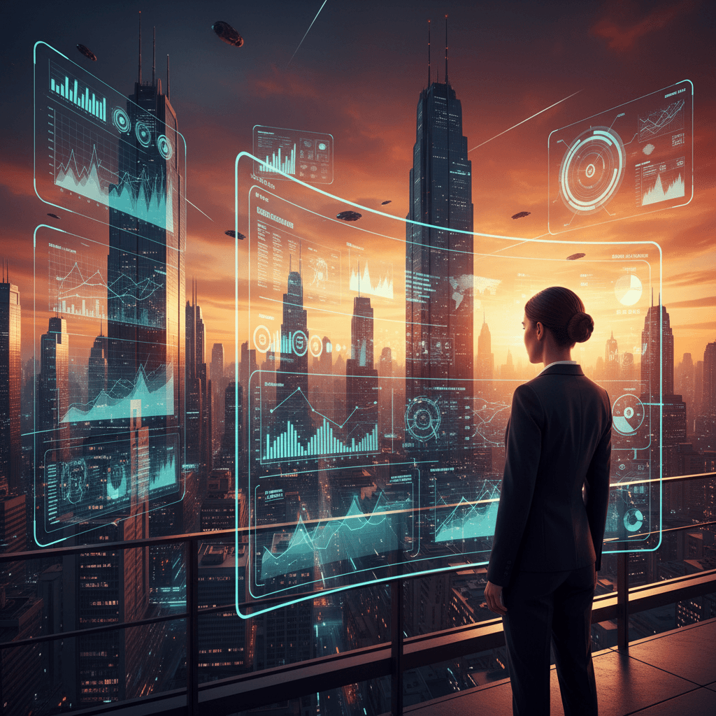 Futuristic city skyline with holographic business charts representing pricing tiers